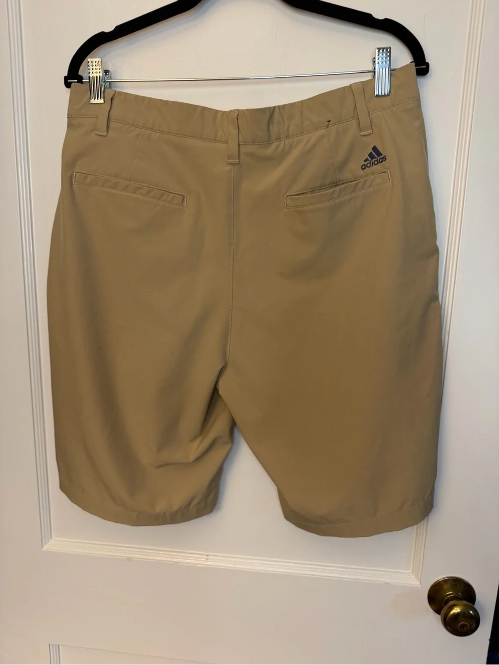 Adidas Men's Beige Chino Shorts Polyester Flat Front Button Closure Pockets Logo